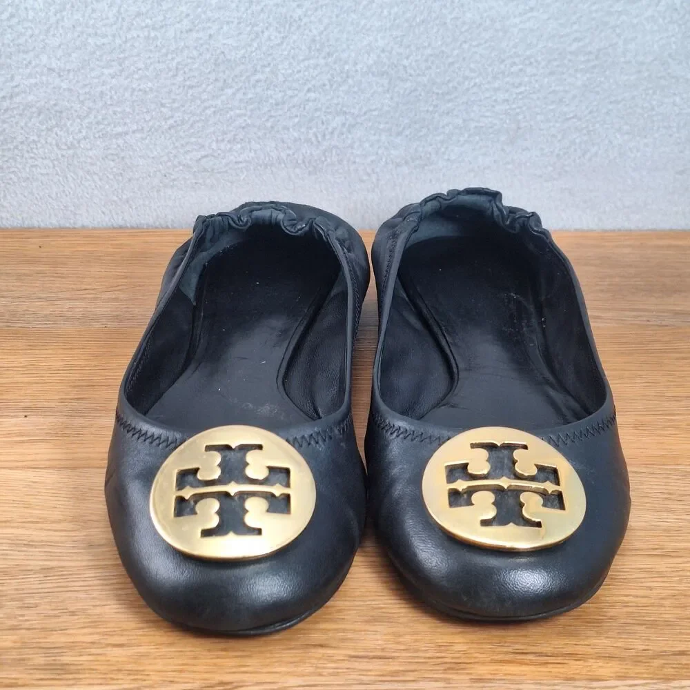Tory Burch Minnie Travel Women's 8.5 Ballet Flats Black Leather Gold Logo Shoes